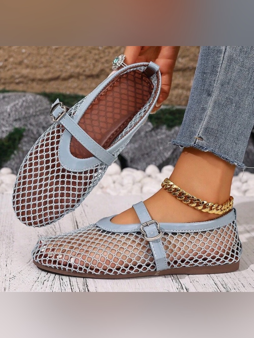 Light Blue Mesh Mary Jane Flats - Women